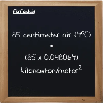 Cara konversi centimeter air (4<sup>o</sup>C) ke kilonewton/meter<sup>2</sup> (cmH2O ke kN/m<sup>2</sup>): 85 centimeter air (4<sup>o</sup>C) (cmH2O) setara dengan 85 dikalikan dengan 0.098064 kilonewton/meter<sup>2</sup> (kN/m<sup>2</sup>)